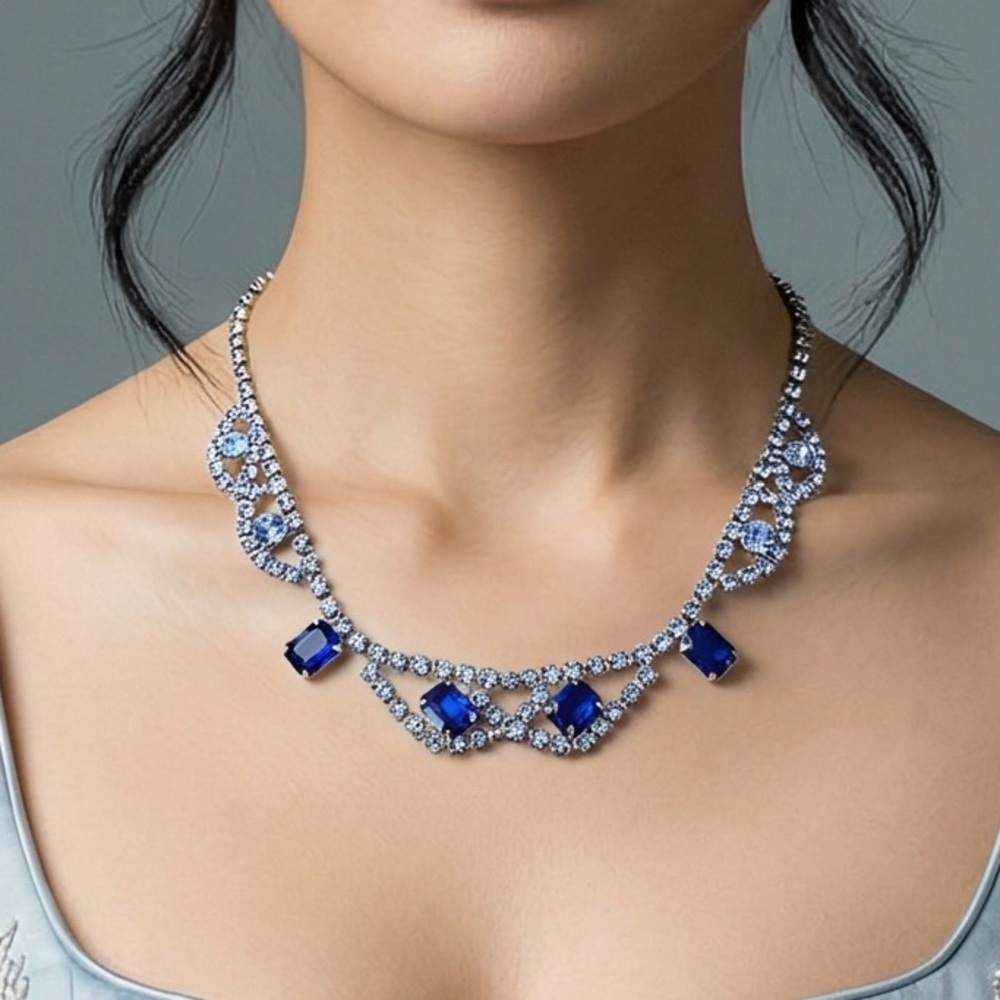 Done no longer available 80s Royal & Baby Blue Rhinestone Necklace Silver Tone